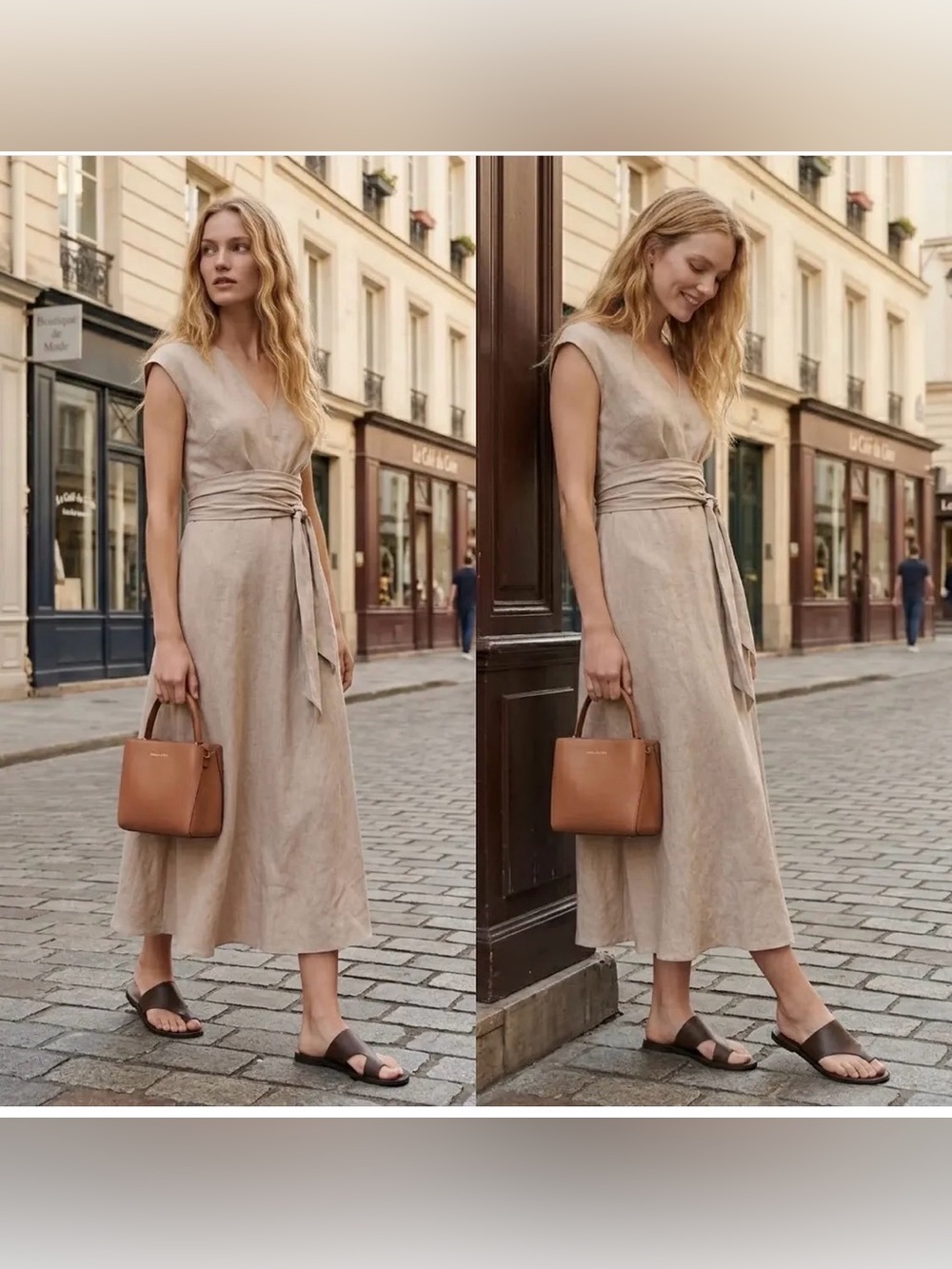 NEW Banana Republic Linen Dress Sz 14 Tie Waist Fit Flare Midi Tan Quiet Luxury